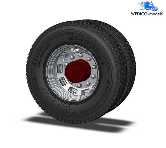 Aluminum long hole rims, hub red RAL 3011 for driving axle